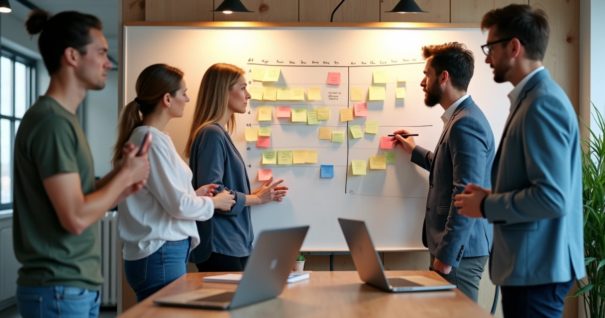 Quadro com etapas de mudança e equipe colaborando 