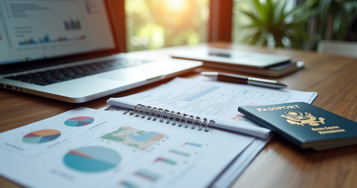 Mesa com laptop aberto mostrando planilha de planejamento, passaporte, documentos e caneta ao lado 