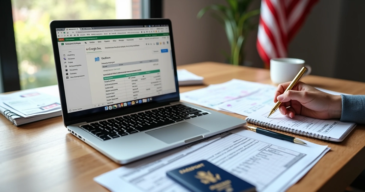 Mesa com laptop, documentos, passaporte e anotações sobre mudança para os Estados Unidos 