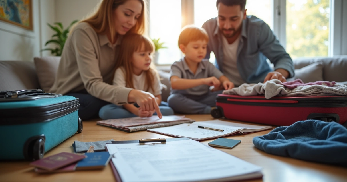 Pais organizando documentos e malas para viagem aos EUA
