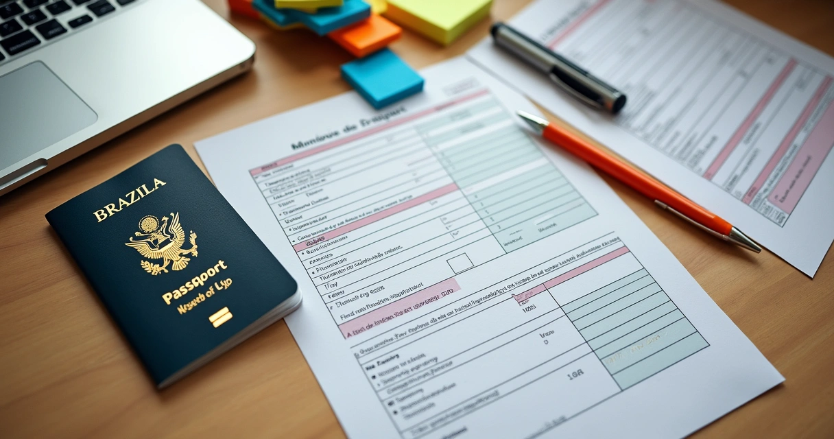 Documentos, planilha e passaporte organizados para imigração aos EUA 