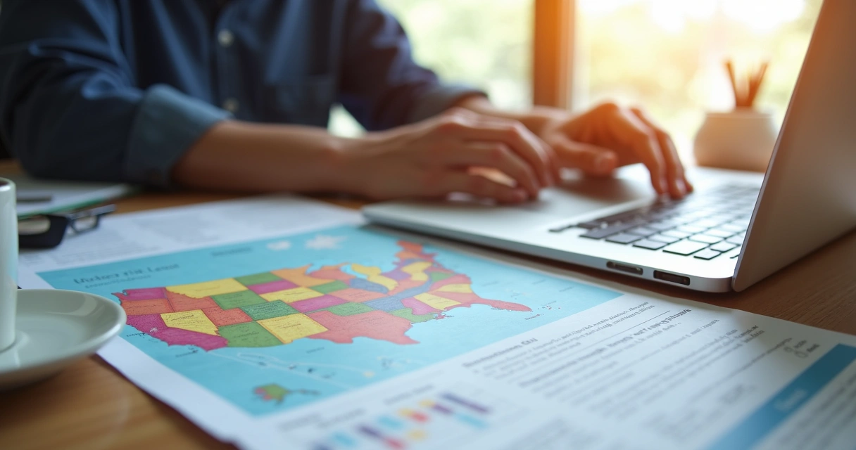 Pessoa analisando checklist de planejamento para mudança nos EUA com mapas e documentos espalhados sobre mesa 