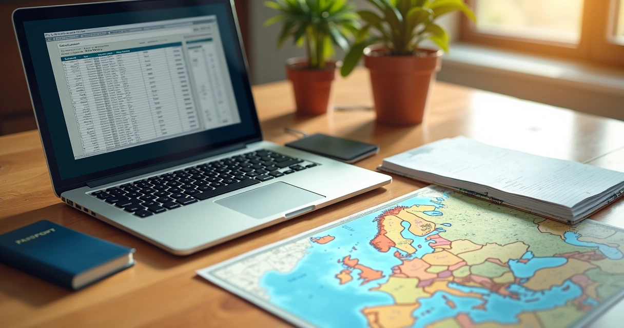 Mesa com notebook aberto mostrando planilha, documentos de viagem e passaporte, ao lado de um mapa da Europa sobre fundo claro 