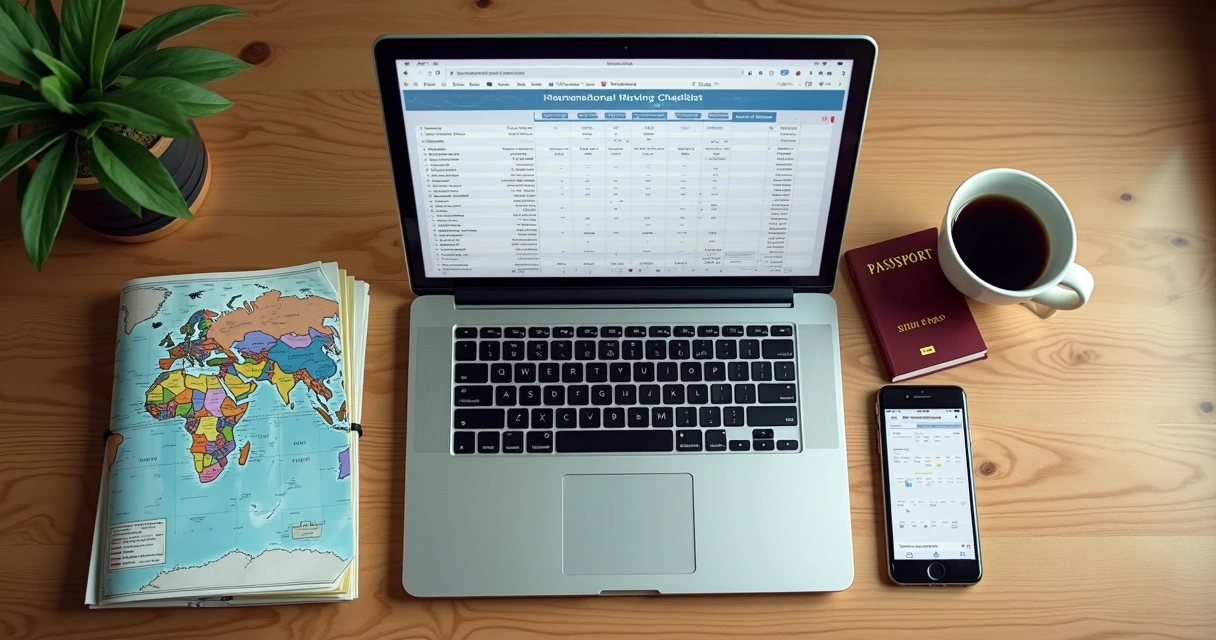 Mesa com notebook aberto em planilha de planejamento, passaporte, mapas e celular sobre superfície de madeira clara 