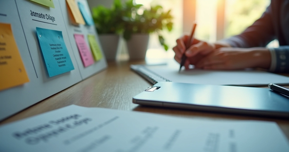 Quadro com etapas de mudança gradual e pessoa organizando notas