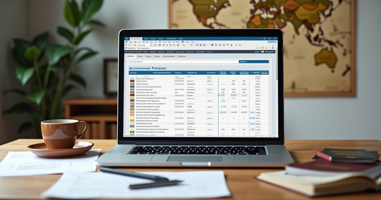Mesa com notebook aberto em planilha de planejamento, acompanhado por documentos, caneta e mapa-múndi ao fundo 