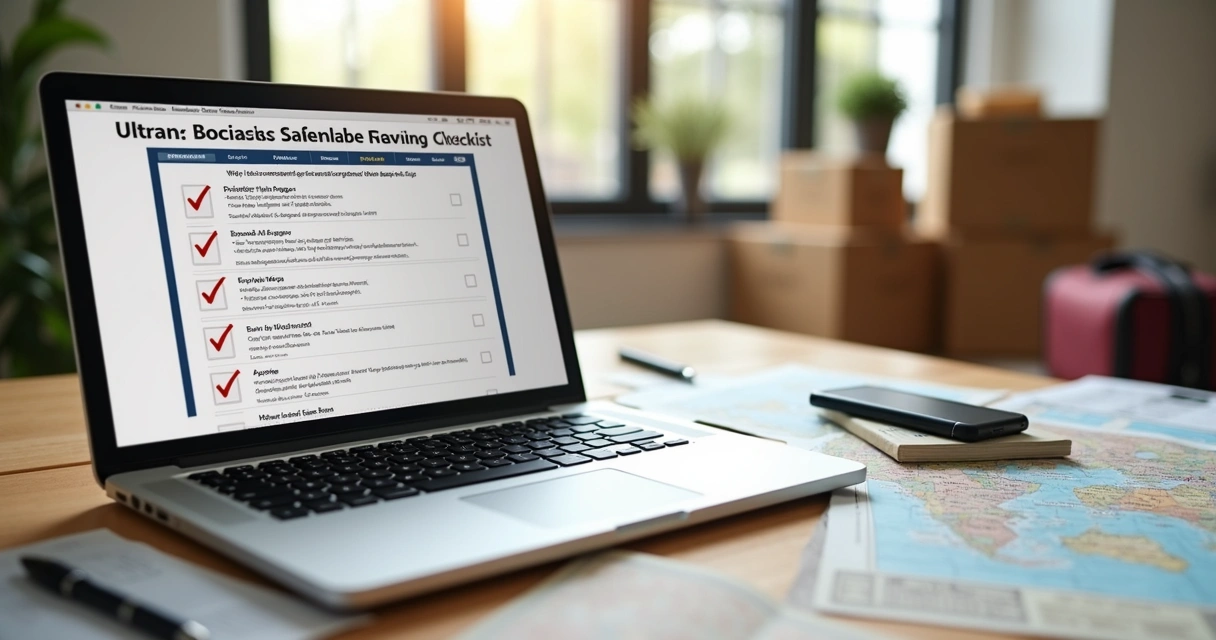 Mesa organizada com laptop aberto mostrando checklist, documentos, passaporte, mapas e objetos de viagem 