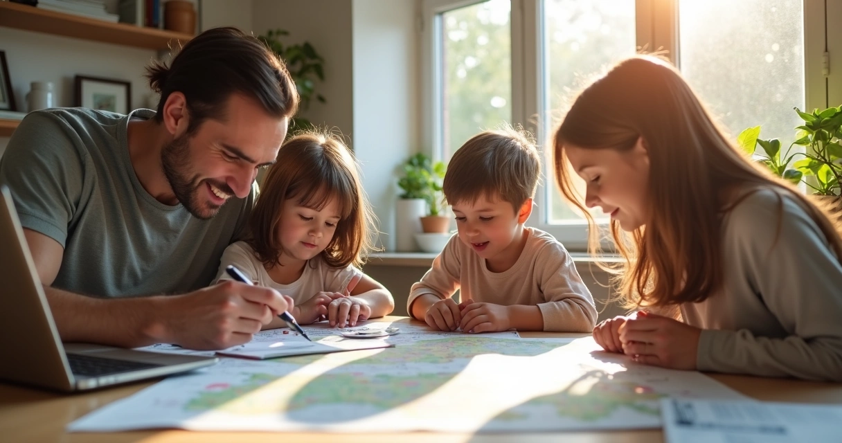 Família sentada ao redor da mesa revisando documentos e mapas, com notebook e papéis organizados 