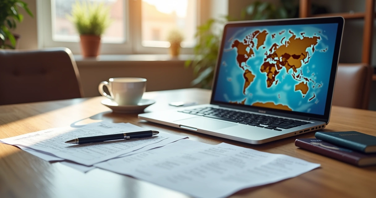 Mesa com laptop, documentos, passaporte e caneta para planejamento de mudança internacional detalhada e organizada 