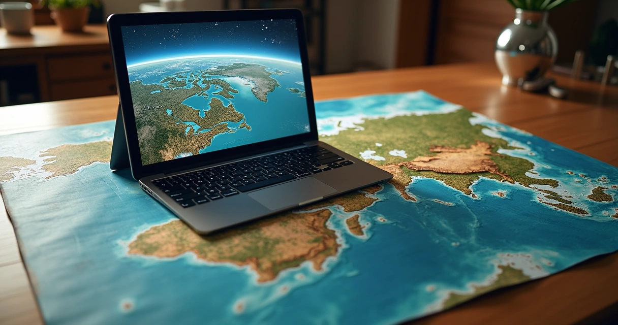 Mesa com laptop aberto exibindo planilha digital de planejamento, mapa do mundo ao fundo e itens de viagem ao redor 