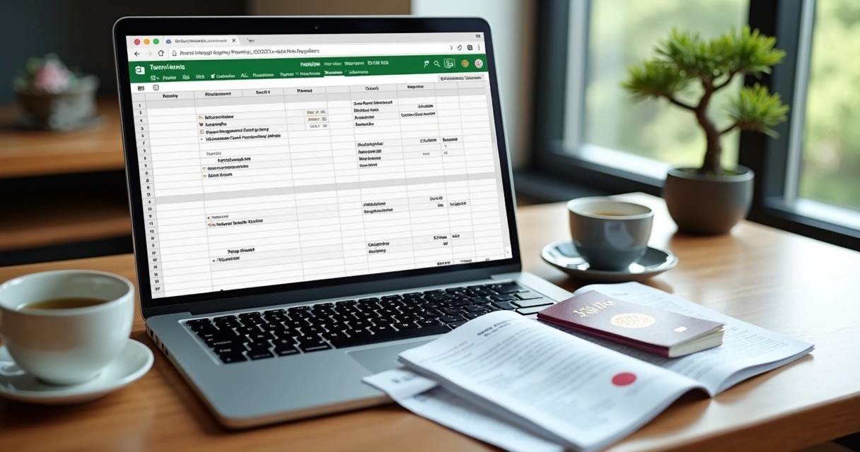Mesa organizada com laptop mostrando planilha de planejamento, passaporte japonês e guia de imigração 