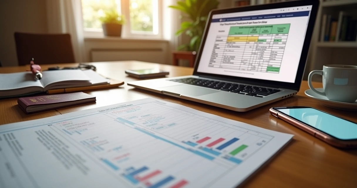 Tabela e laptop com planejamento para mudança internacional 