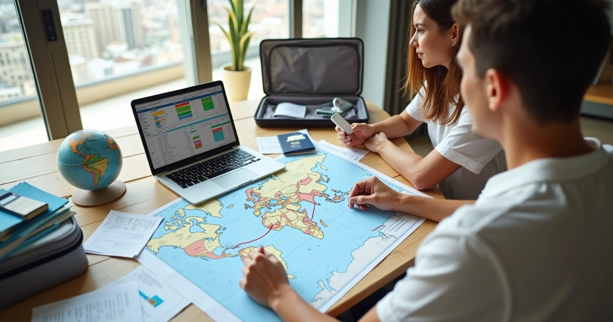 Casal organizando plano de mudança de país com mala, mapa e laptop sobre a mesa 