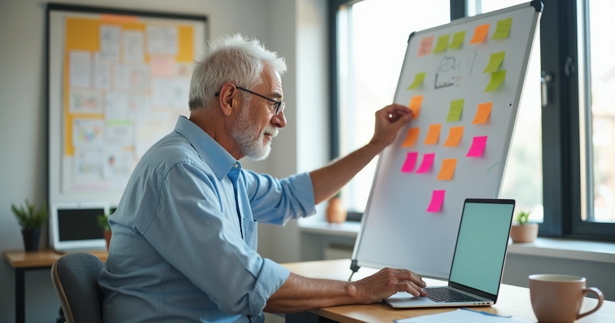 Senhor planejando atividades digitais em quadro branco com post-its 