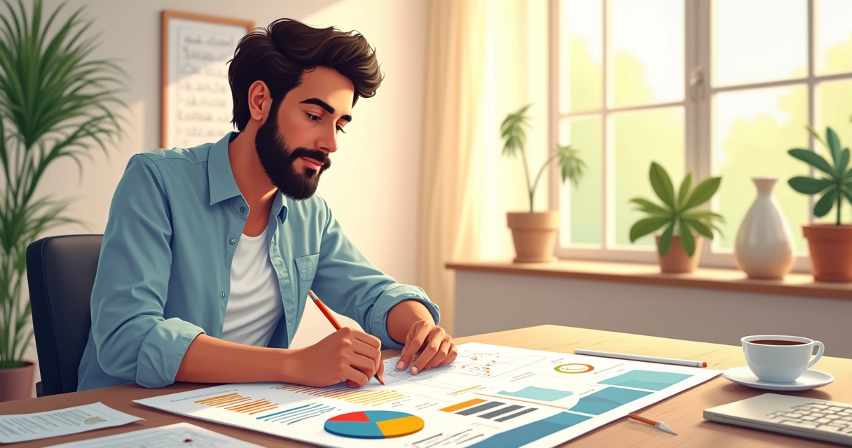 Empreendedor analisando um plano de negócios com gráficos e anotações 