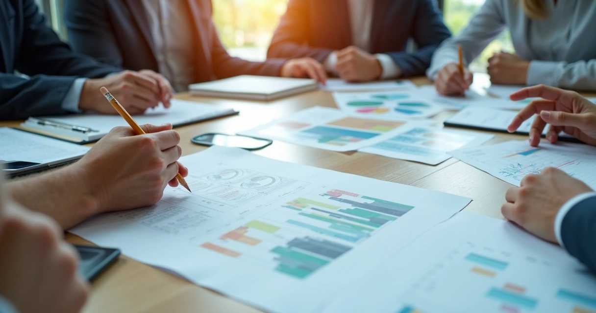 Mesa com papéis e gráficos de planejamento de negócios, mãos segurando lápis 