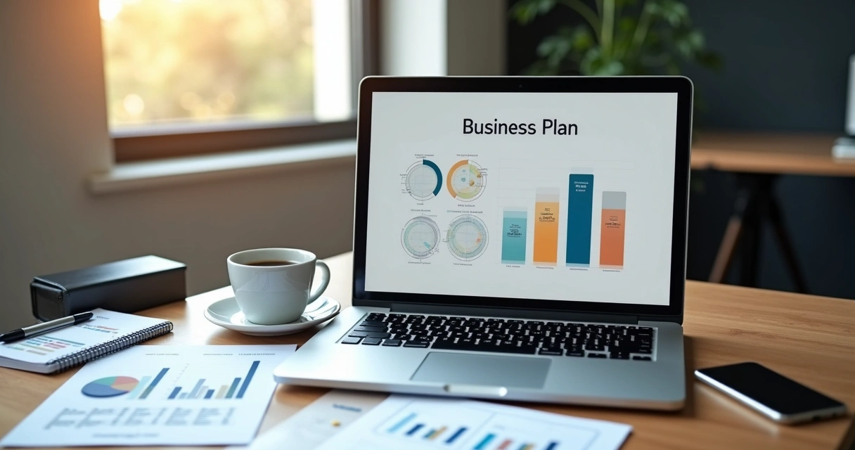 Mesa de trabalho com laptop aberto mostrando plano de negócios, gráficos, anotações e café ao lado 