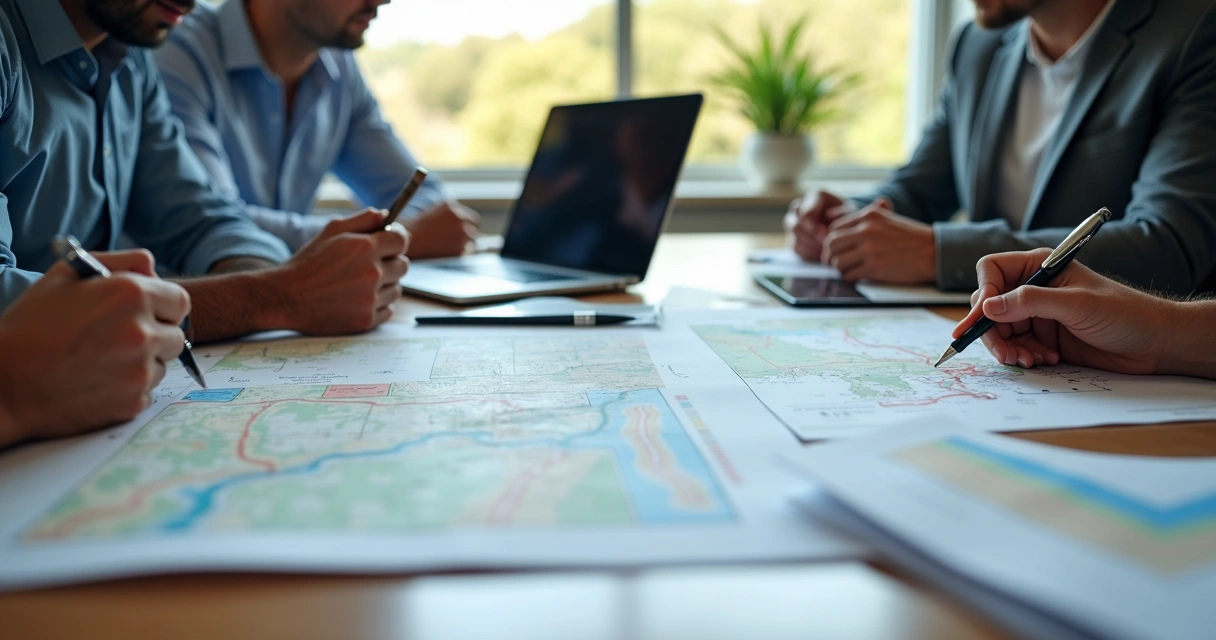 Mesa de reunião com mapas, planilhas e gestores agrícolas discutindo projetos. 