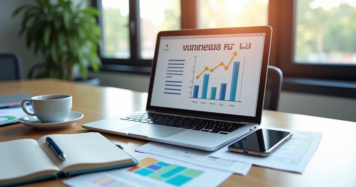 Mesa de escritório com laptop, bloco de notas, caneta e gráficos sobre planejamento de negócios 