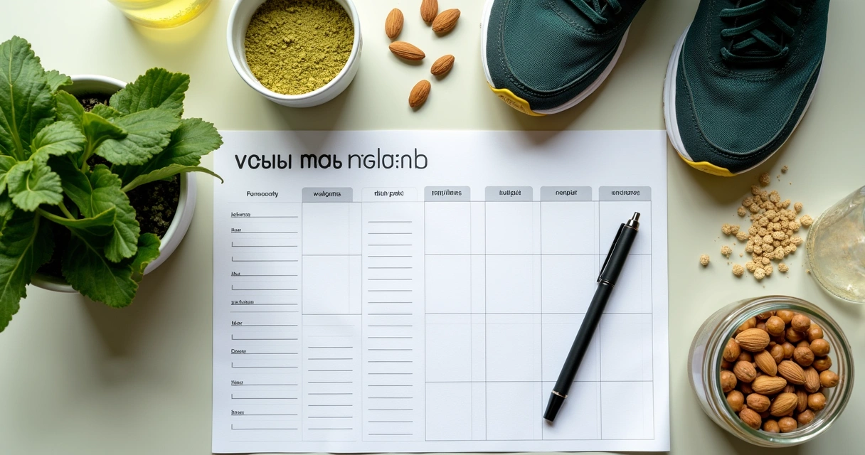 Mesa com plano alimentar vegano e ingredientes com moringa 