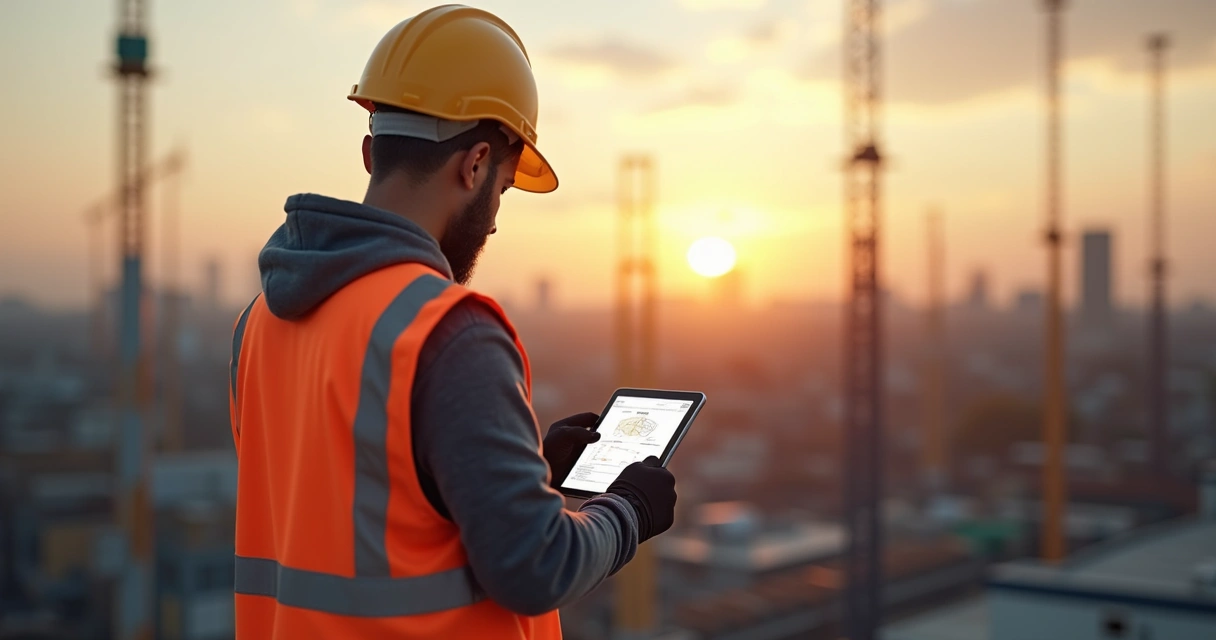 Profissional de construção revendo cronograma em tablet no canteiro de obras com equipe e materiais ao fundo