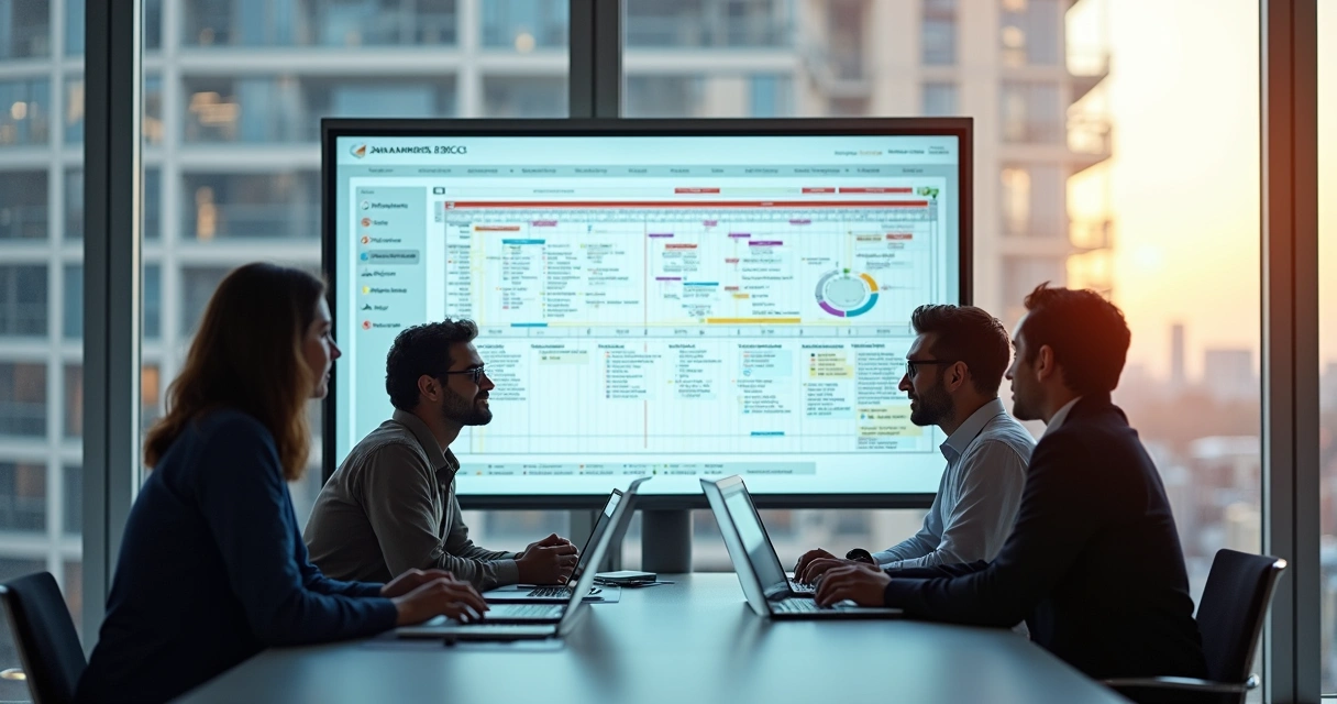 Planejamento digital de obra em quadro branco com equipe reunida 