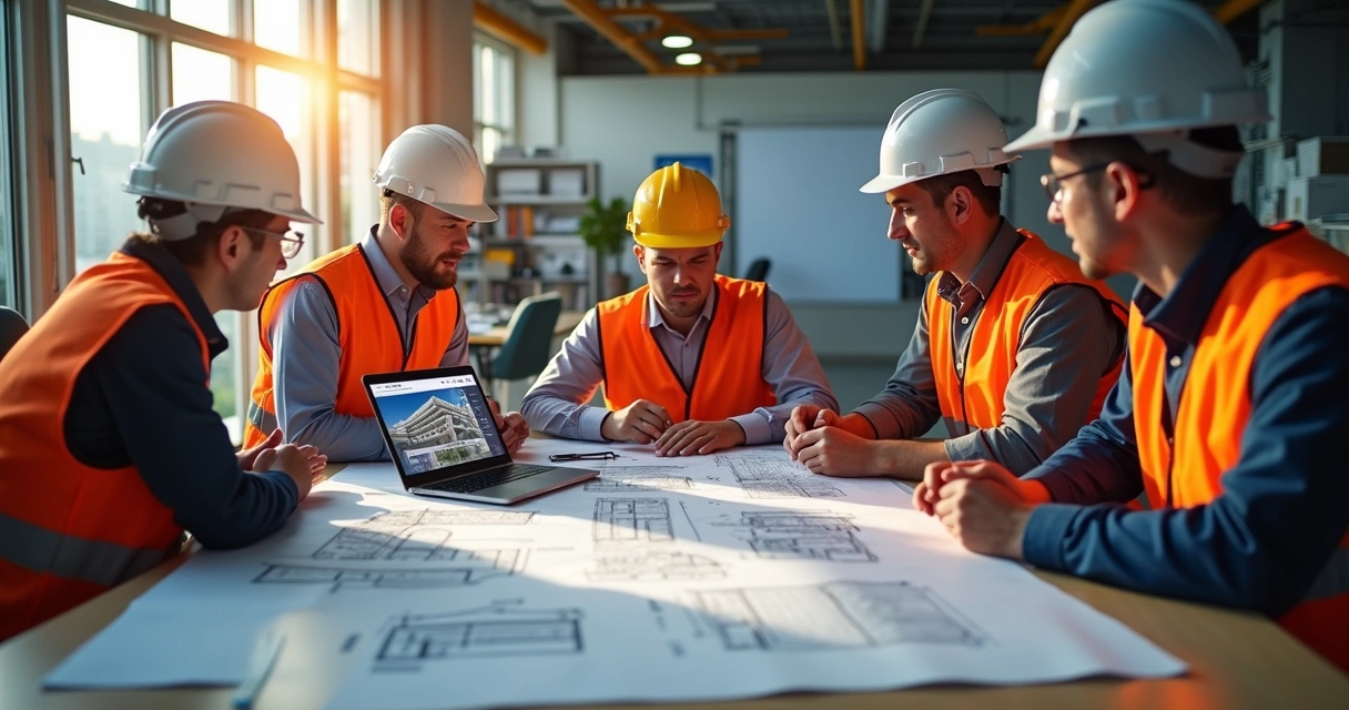 Equipe reunida em torno de mesa analisando plantas e modelo 3D 