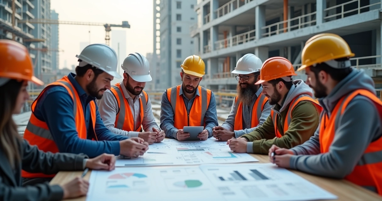 Equipe de profissionais em reunião no canteiro de obras com plantas e tablets mostrando planejamento detalhado 