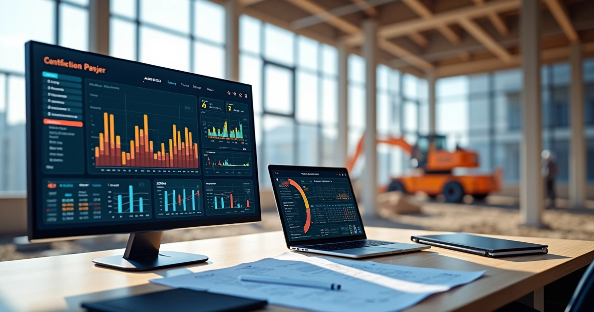 Tela digital com interface de planejamento de obra integrando orçamento e cronograma de construção