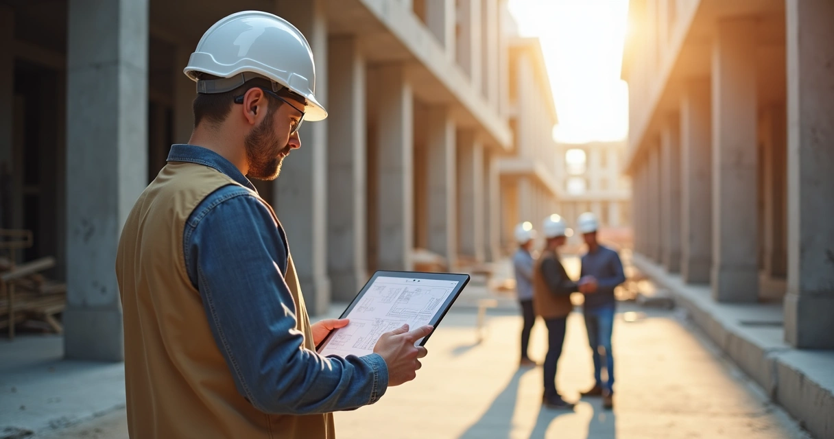 Projetista analisando orçamento com tablet em obra 