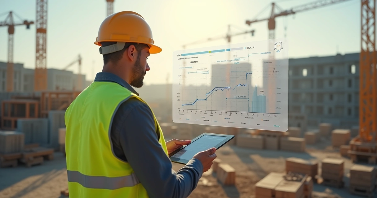 Engenheiro analisa tablet com cronograma atualizado por IA diante do canteiro de obras