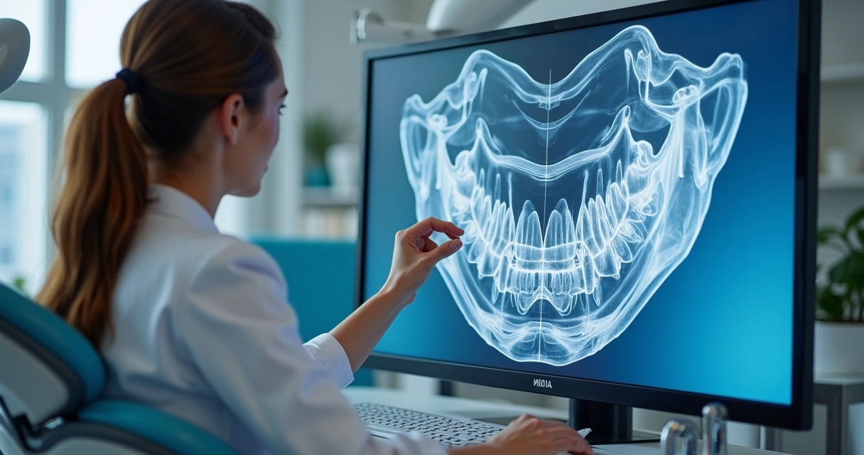 Dentista analisando planejamento digital do sorriso em computador 