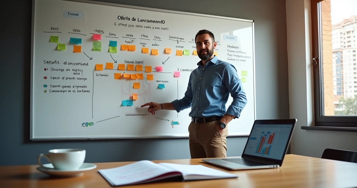 Empresário planejando oferta de lançamento em quadro branco com gráficos e post-its coloridos 