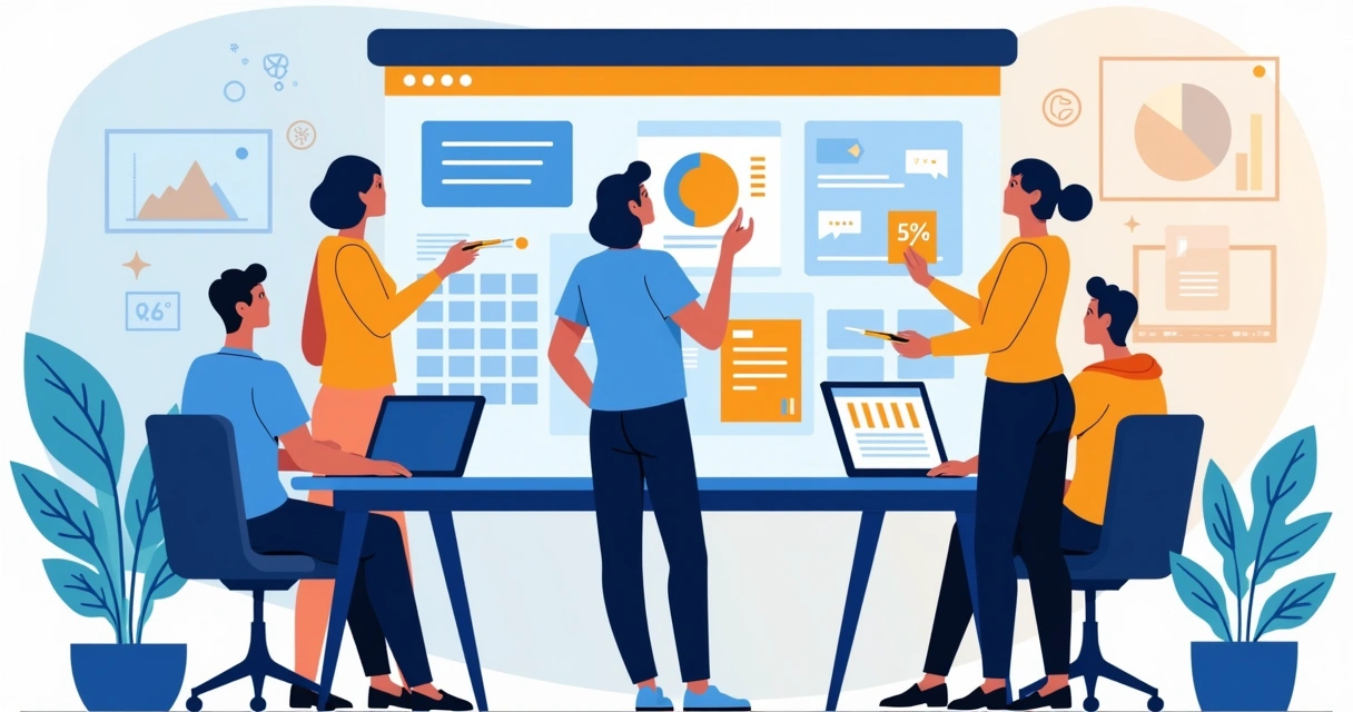 Equipe planejando campanha sazonal em painel digital 