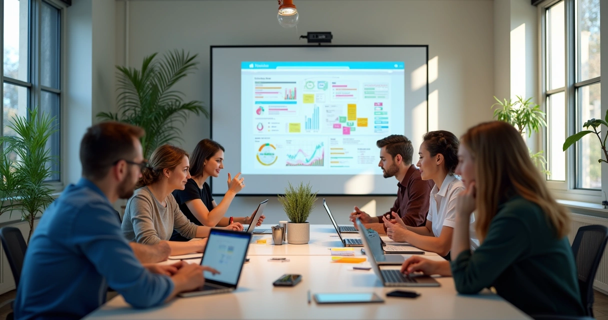 Equipe de profissionais em sala moderna discutindo metas de OKRs em agência de marketing