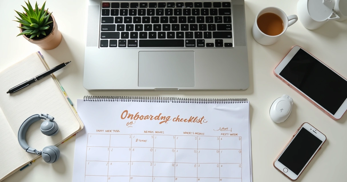 Mesa com laptop e plano visual de onboarding remoto