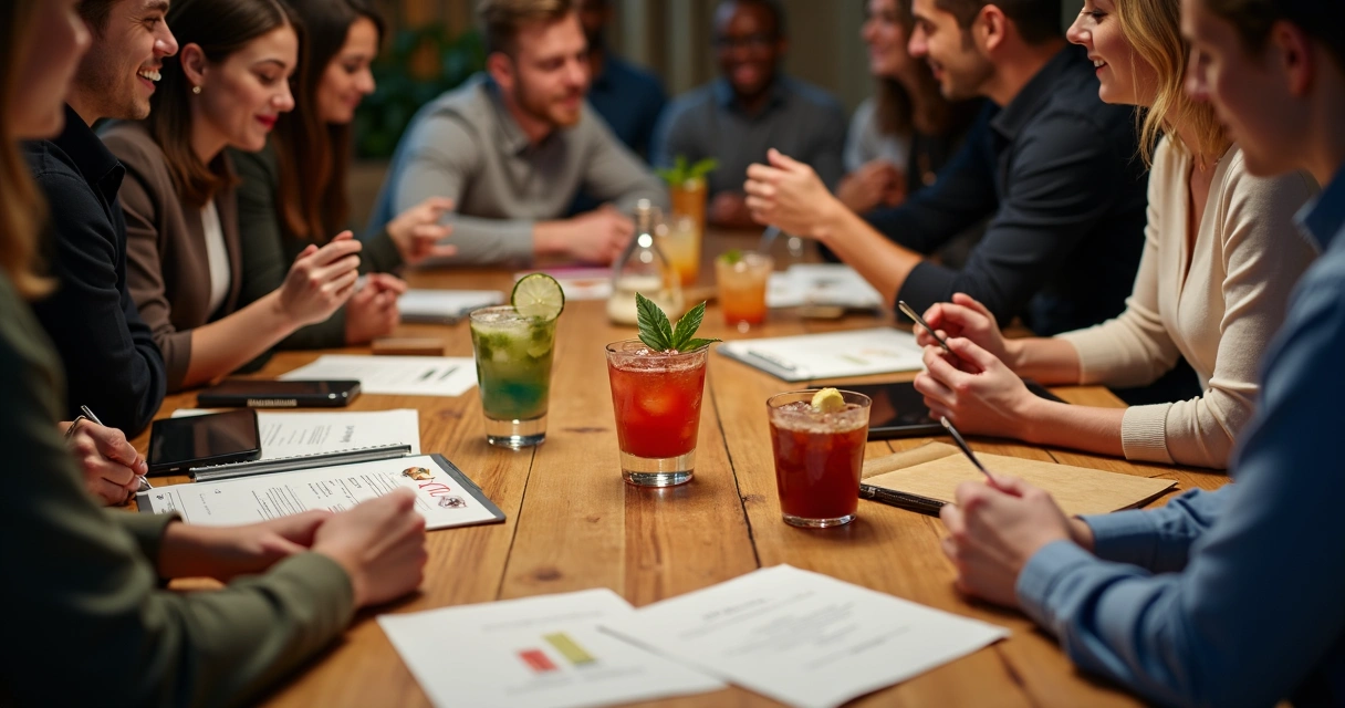 Mesa com anotações, tablets e cardápios de drinks 