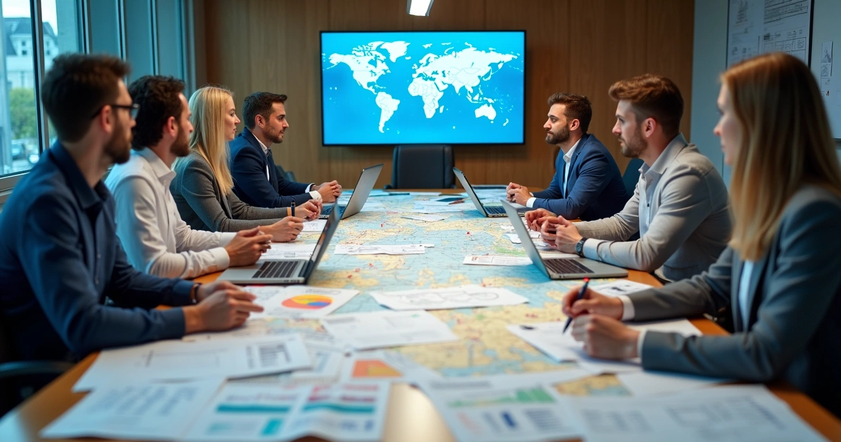 Equipe reunida para planejamento logístico, mapas e gráficos na mesa. 