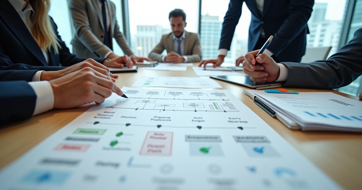 Equipe executiva analisando plano estruturado de operação de M&A sobre a mesa 