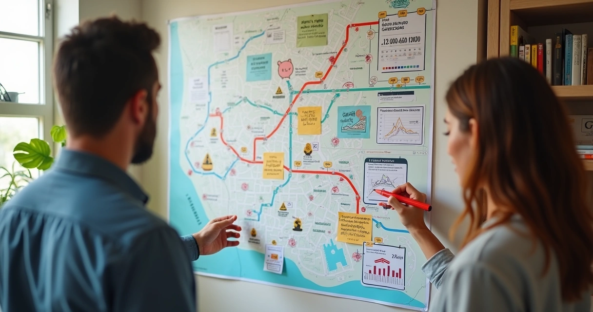 Quadro grande com mapa de rota financeira exibindo o planejamento orçamentário de uma pequena empresa 