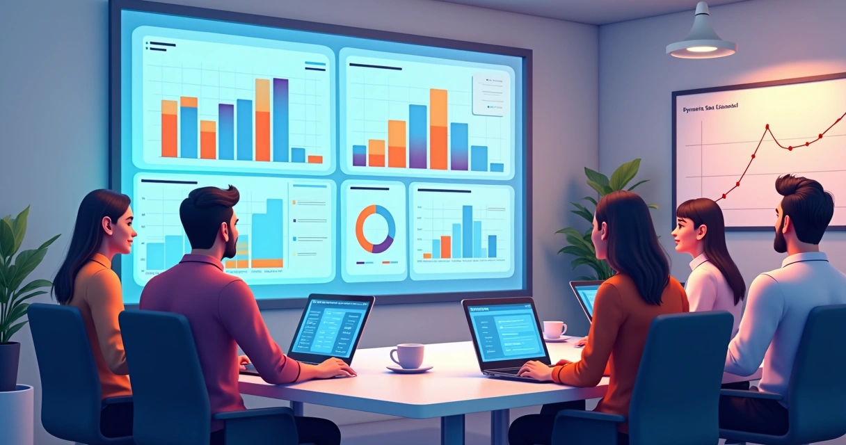 Equipe analisando gráficos de desempenho de canais de vendas 