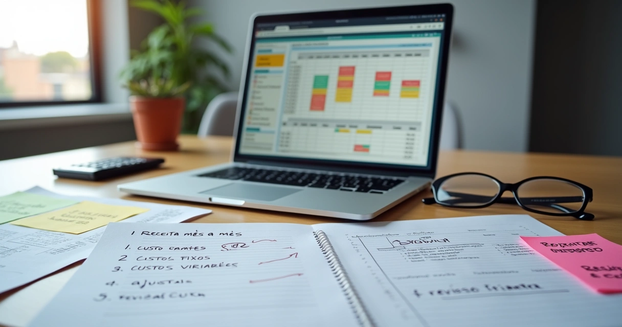 Mesa de escritório com calendário anual, planilha e gráficos de orçamento organizados 