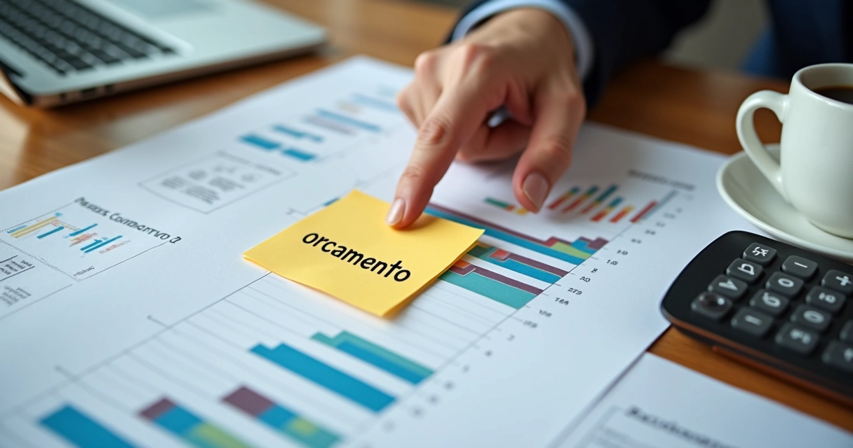Pessoa apontando gráfico de barras colorido com orçamento escrito em post-it. 