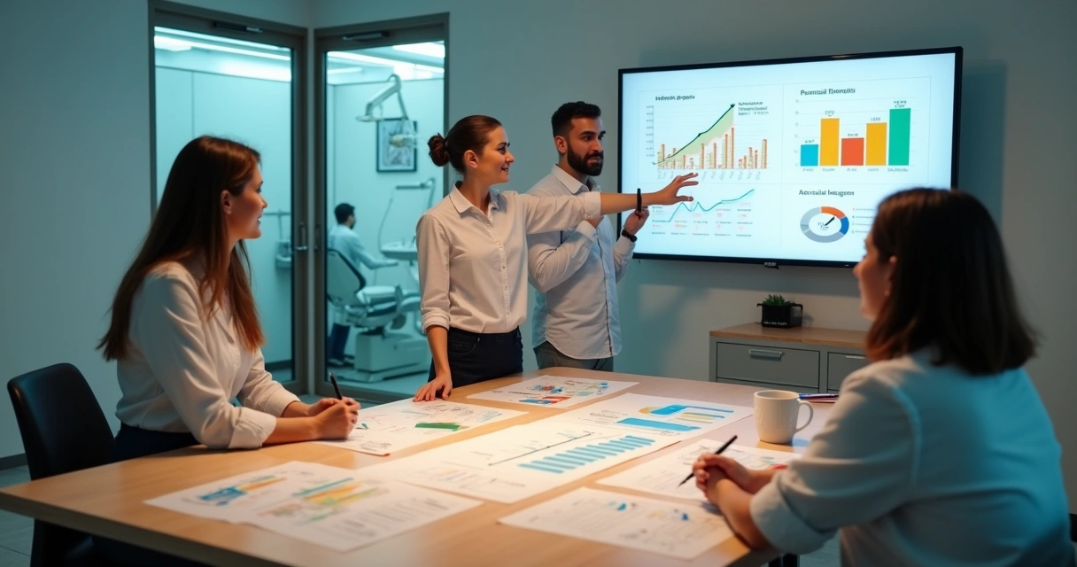 Equipe de clínica pequena analisando painel de orçamento anual de marketing 