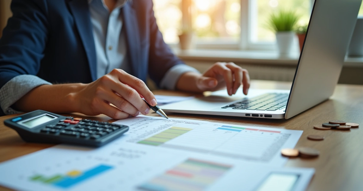 Pessoa analisando planilha de orçamento com calculadora e moedas 