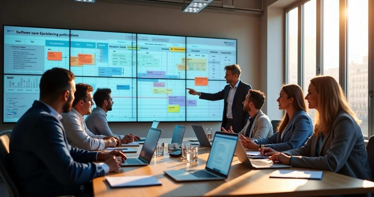 Equipe analisando orçamento de desenvolvimento de sistema em telas e quadro branco 