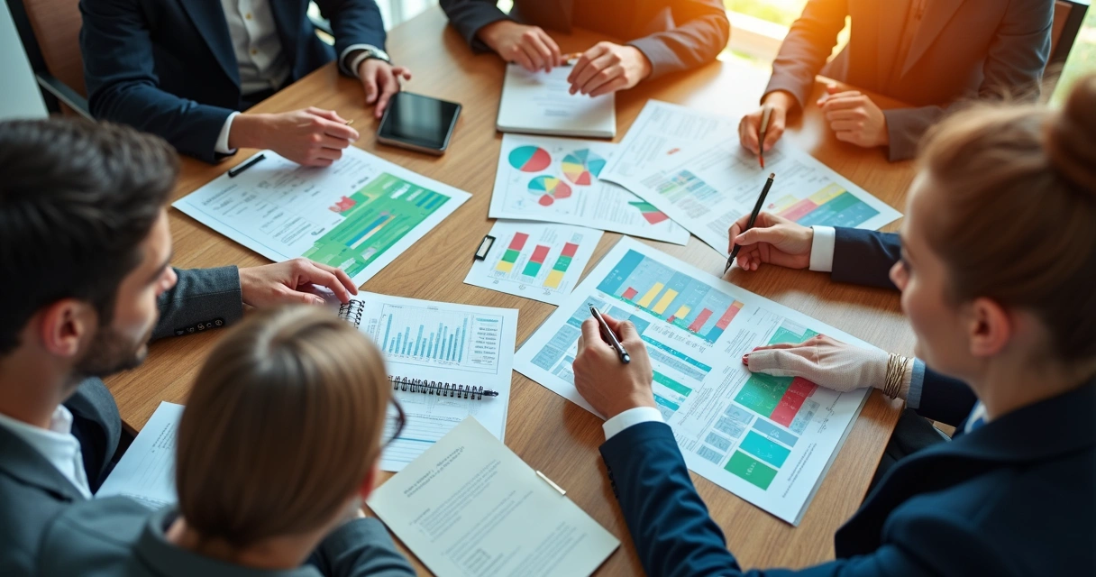 Mesa com computador, planilhas de orçamento abertas e caderno de anotações