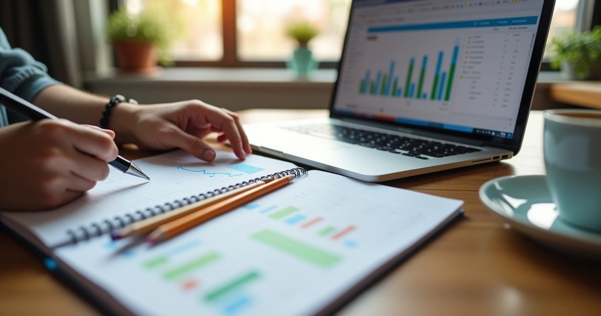 Mesa com caderno, laptop e planilha de orçamento 
