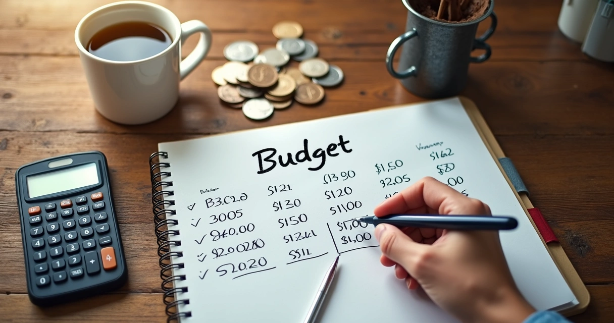 Mão escrevendo orçamento em um caderno ao lado de calculadora e moedas 