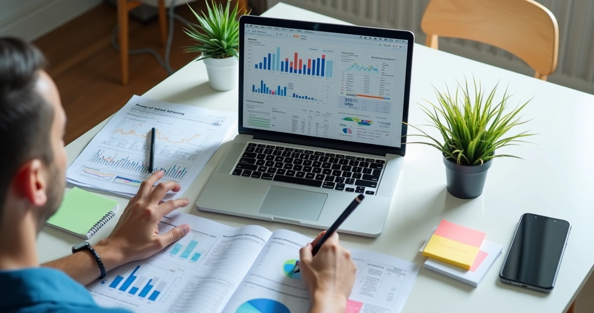 Pessoa analisando gráficos de orçamento digital no notebook, notas e caneta ao lado